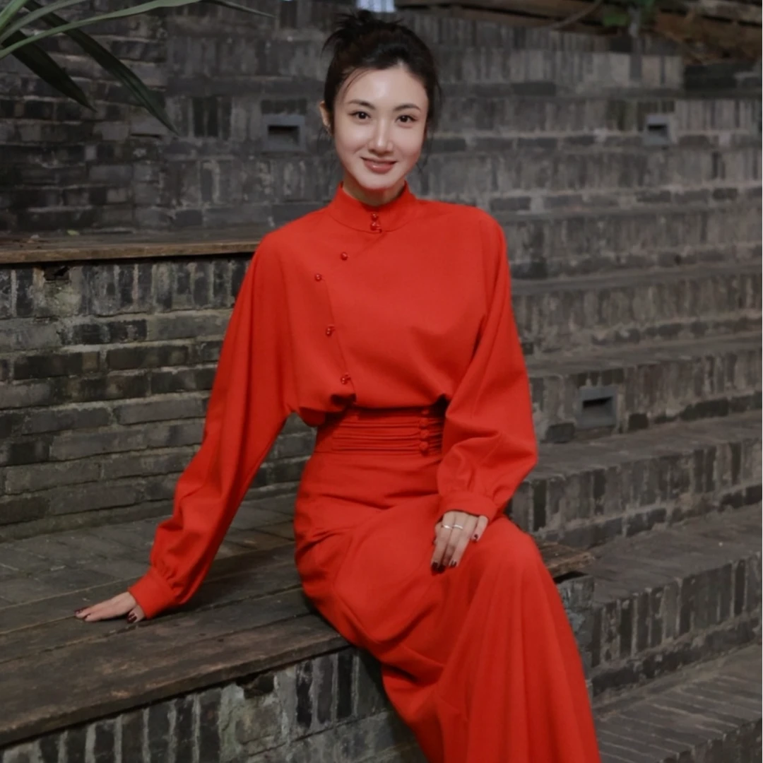 【壁虎姐】F2024新款 新中式红色立领斜襟盘扣民国风上衣半裙套装