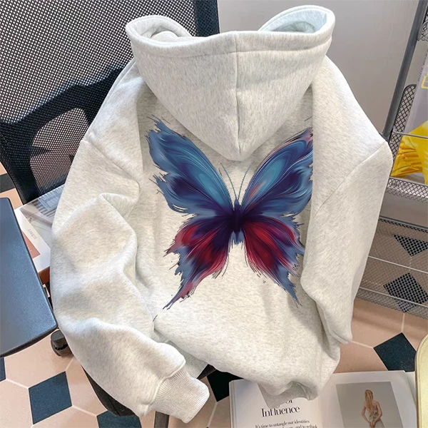 重磅500克纯棉连帽卫衣加绒加厚创意艺术感青春活力蝴蝶印花设计