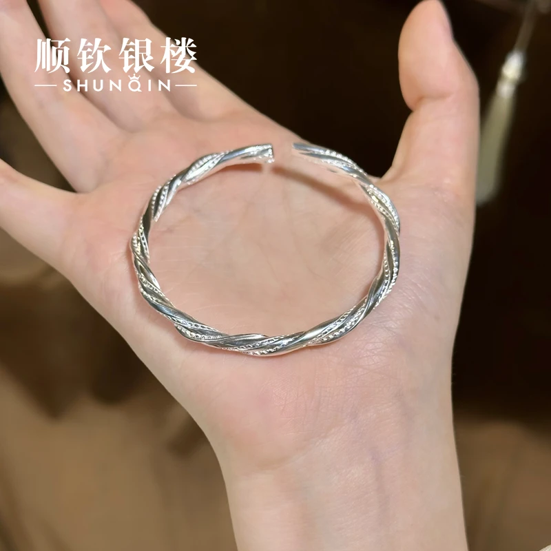 顺钦银楼 足银手镯 【玺安（银）手镯】足银999.9扭麻花百搭开口手镯