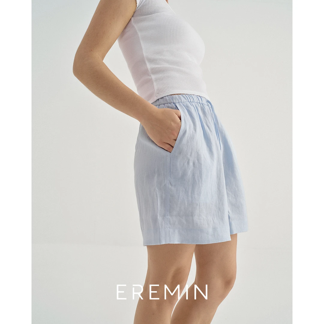 DE Mincollection浅蓝麻短裤/夏日清爽松弛感舒适全亚麻短裤55429