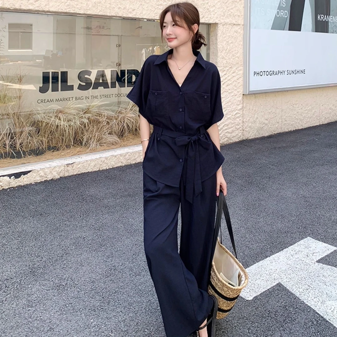 2025新款韩系短袖衬衫套装女夏季轻熟风通勤宽松阔腿裤休闲两件套