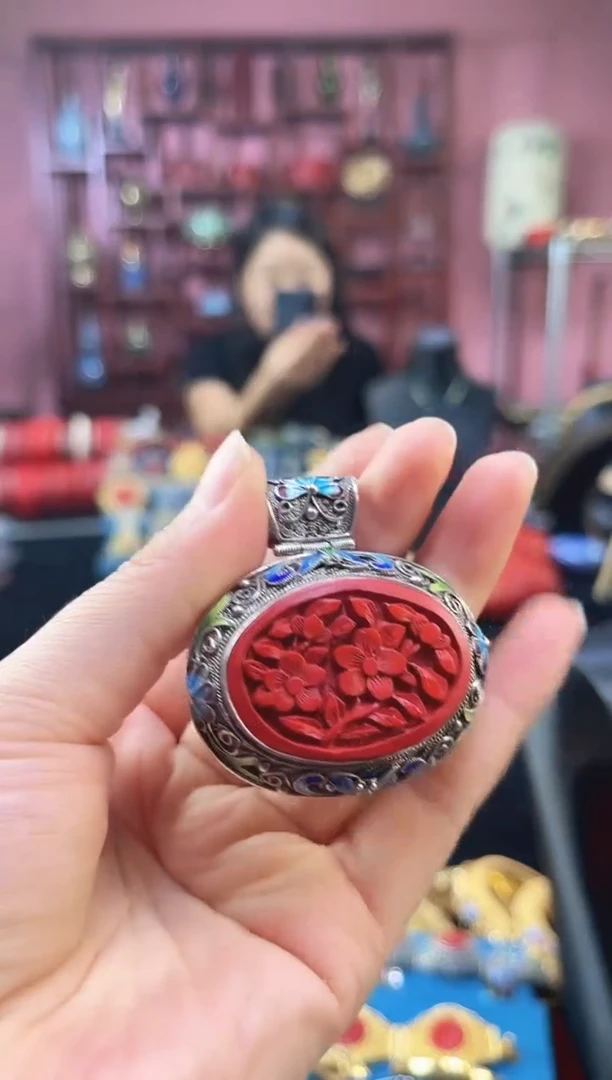 非遗 花丝镶嵌雕漆吊坠 素银 椭圆