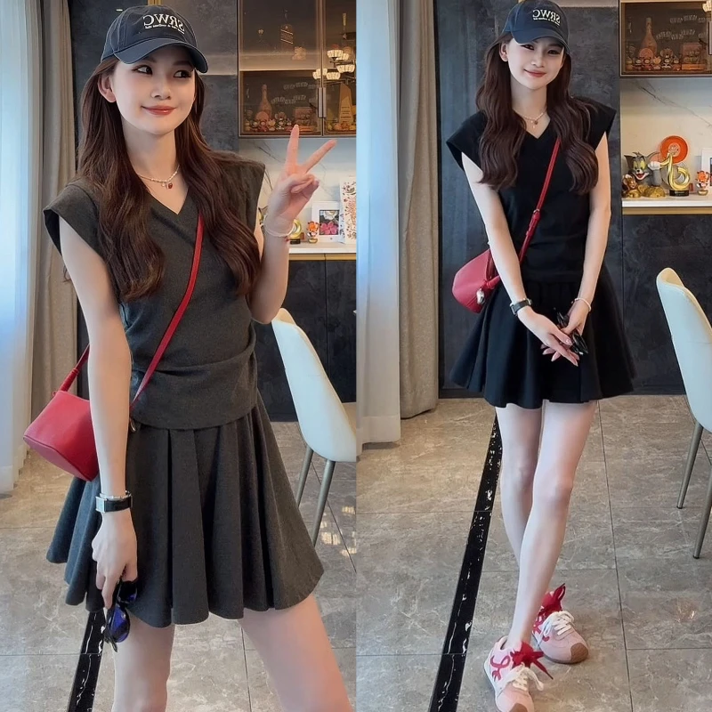 夏季穿搭一整套女新款坎肩收腰短袖T恤松紧短裙两件套2247