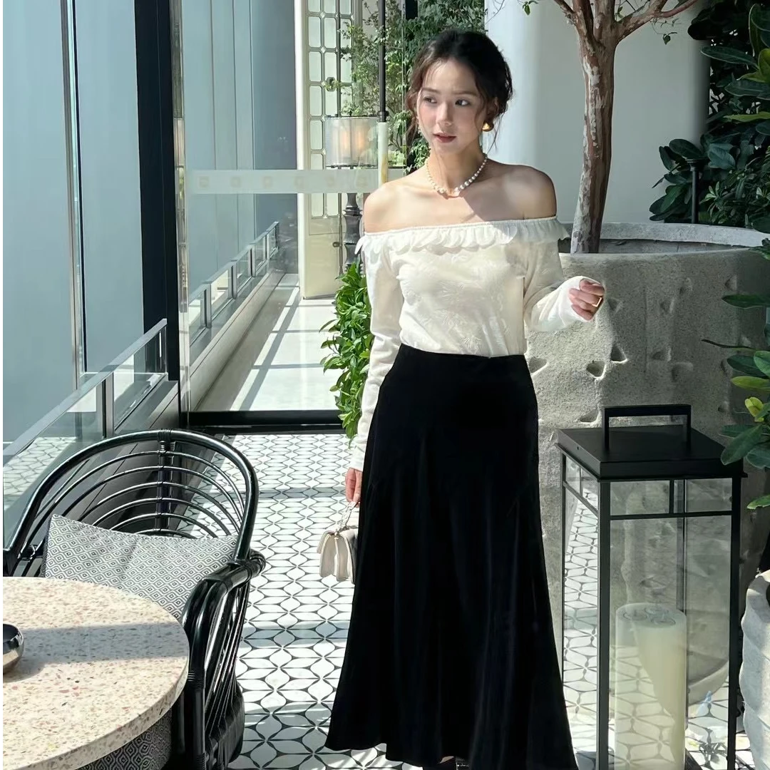 【深圳F-451--F-540】2025年法式一字肩长袖女修身荷叶边露肩上衣