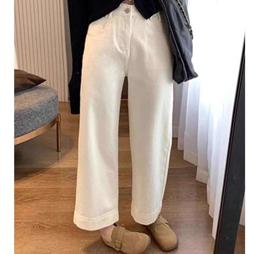 欧货白色阔腿牛仔裤女秋季新款大码胖mm高腰九分裤宽松百搭直筒裤