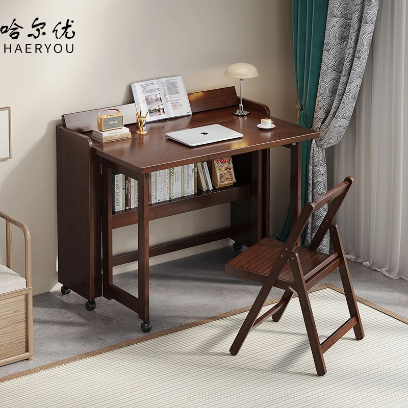 儿童学习桌现代简约家用小户型省空间可折叠书桌带轮便携楠竹桌子