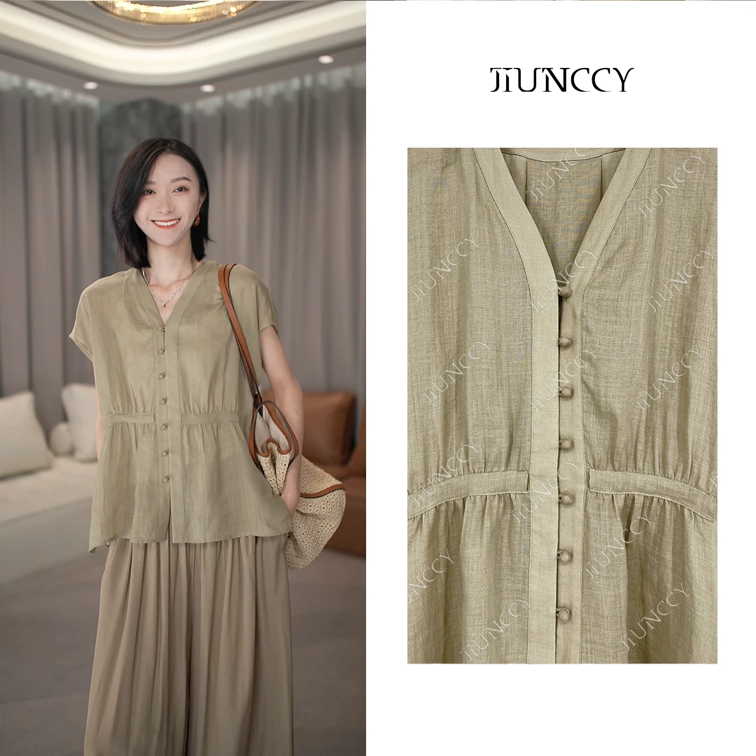 JIUNCCY【豆蔻】定制超薄100苎麻小排扣捏褶半腰线上衣 24CY149