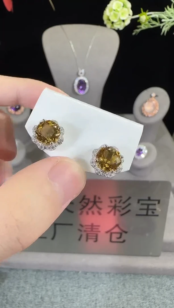 黄晶耳饰银S925镶嵌11mm耳钉