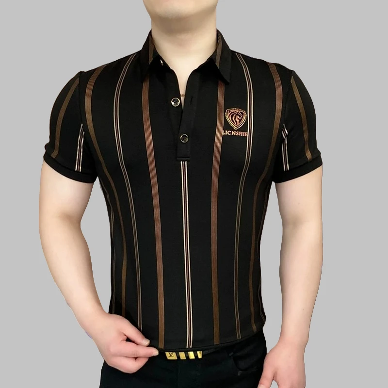 男士POLO衫短袖夏季2025新款竖条纹百搭时尚商务休闲翻领T恤上衣