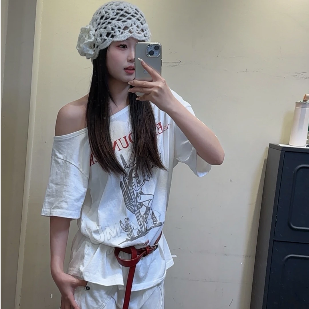 鑫怡定制【斜肩T恤】夏季新款字母印花斜肩大版设计感短袖T恤