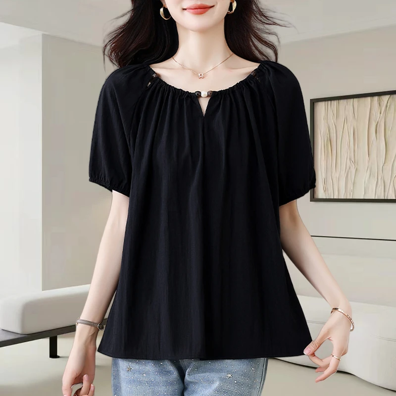 设计感镂空串珠短袖衬衫女2025夏季新款洋气宽松遮肚别致小衫上衣