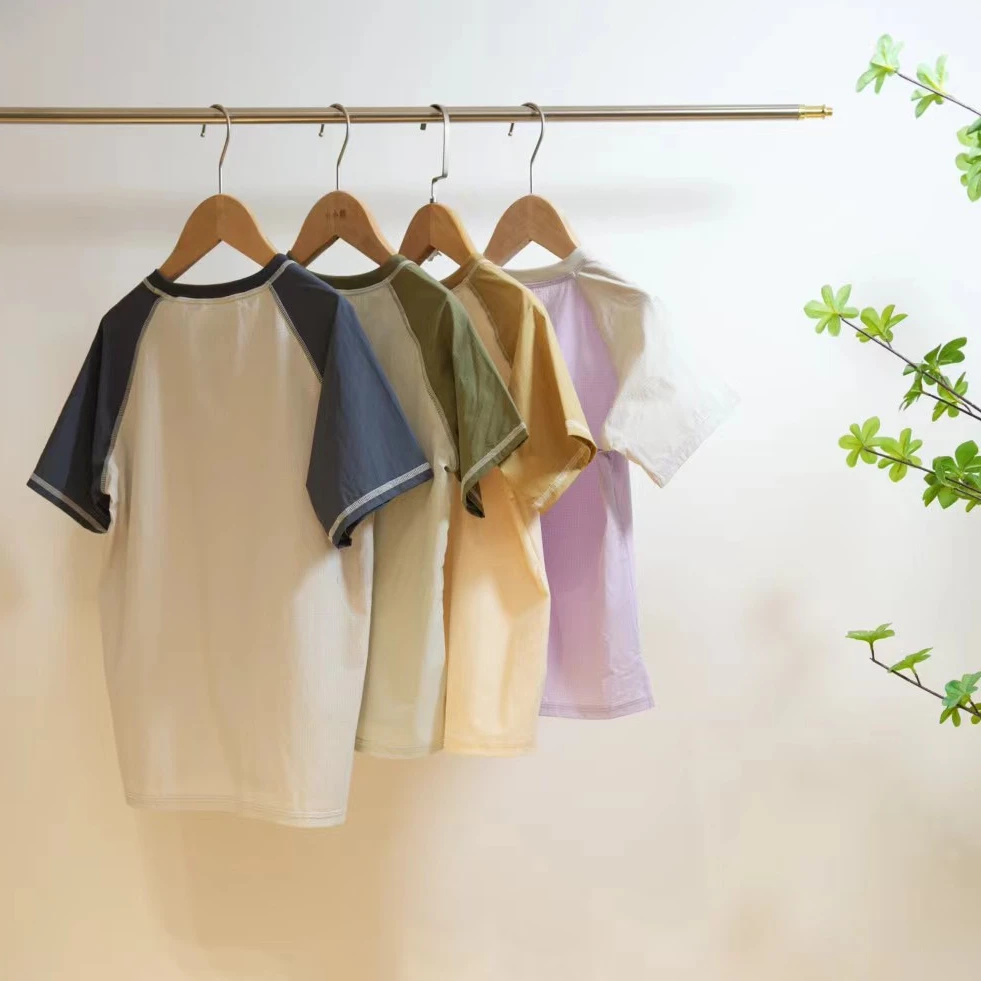 2-882-一款四色松树印花夏季儿童拼色插肩袖速干圆领短袖T恤S