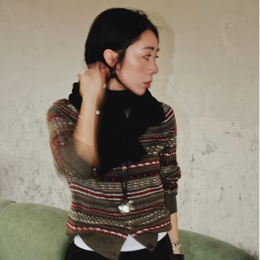 Without Memory 羊毛衫女款复古织花条纹开衫上衣WG5150