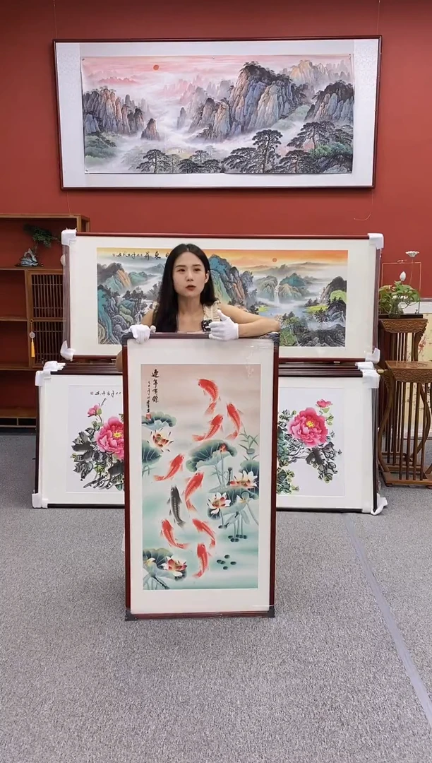 国画手绘国画 玄关 九鱼图 125*65
