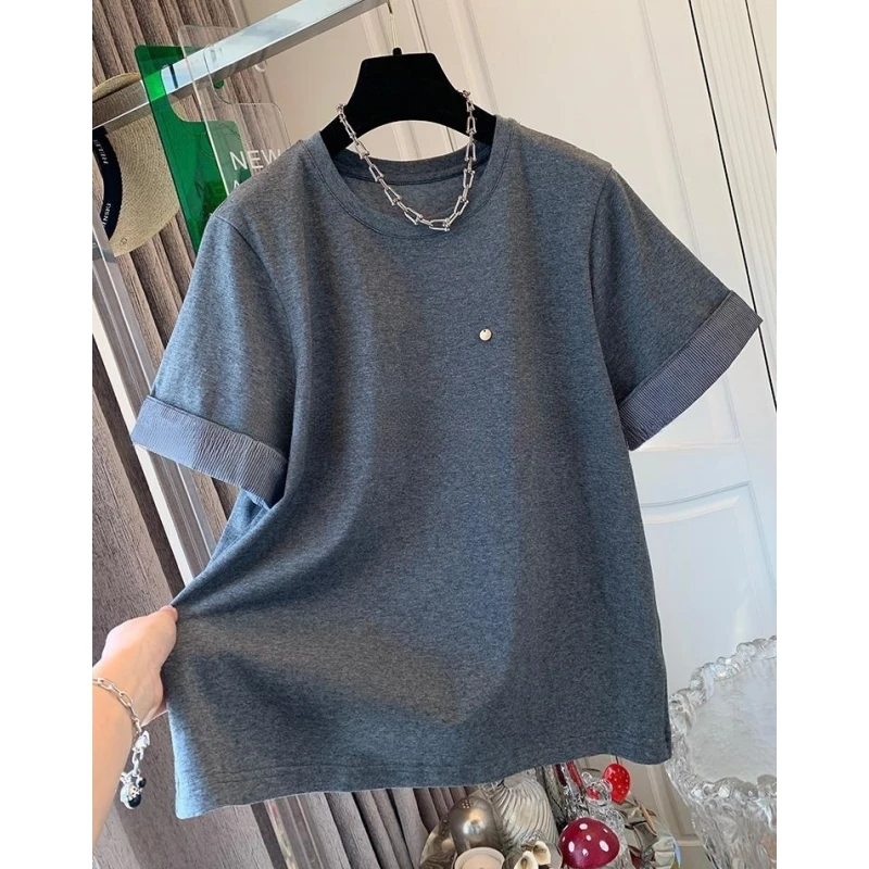 P098独特超好看美式条纹短袖T恤打底衫宽松时尚上衣女春夏新款棉