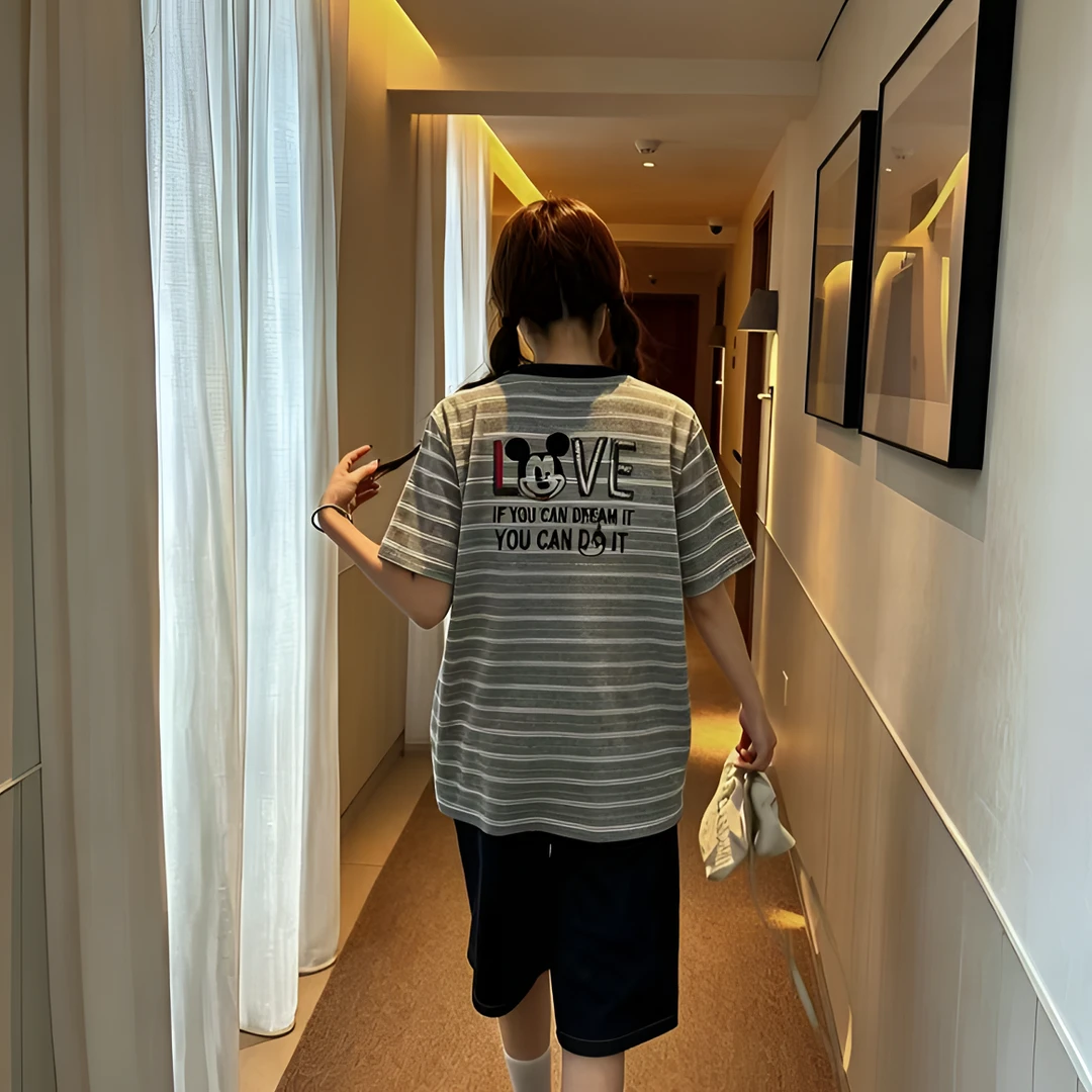 BLX--0069韩版ins风设计师款条纹米奇刺绣上衣学院风