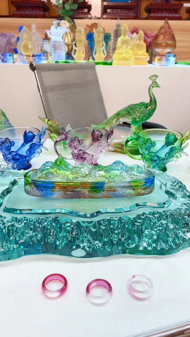 手工艺品琉璃彩色山形香炉17公分两件套