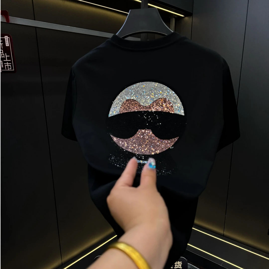 [9906]欧洲站时尚百搭日常轻奢流行舒适烫钻情侣圆领短袖T恤