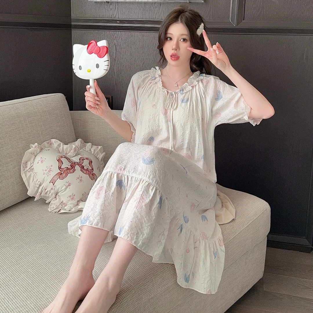 2025夏季新款甜美风睡裙带胸垫短袖印花大码宽松女生甜美风睡裙