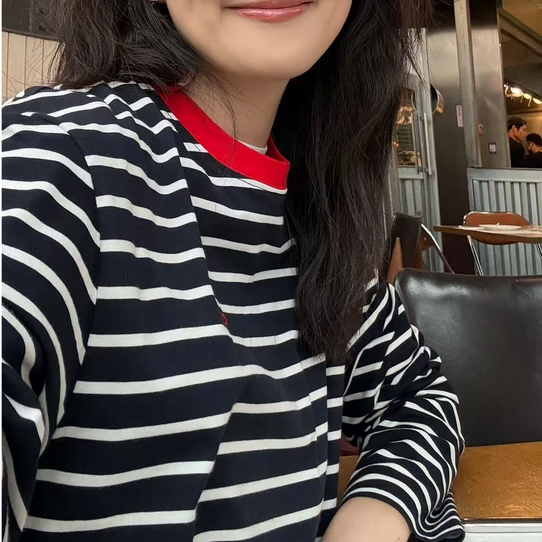 【ZHUANG -Z】（热恋）条纹拼接显瘦刺绣套头长袖tee