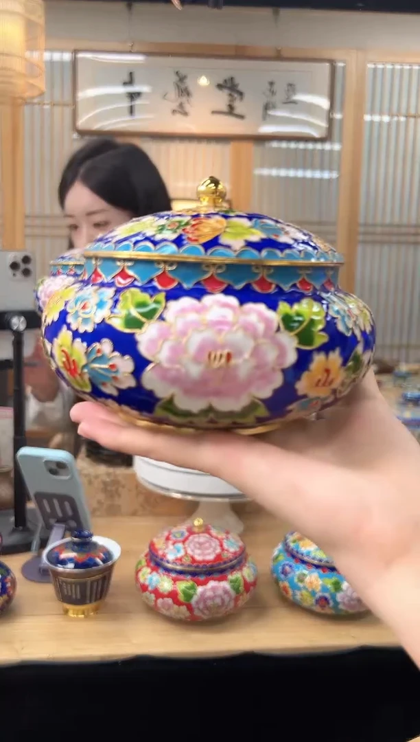 景泰蓝花丝喜子罐6寸XZG002蓝