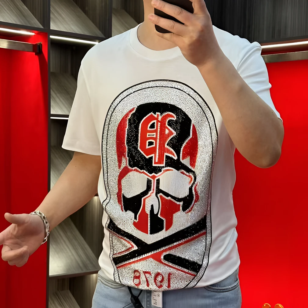 正品25新款潮牌液氨棉高品质欧货骷髅头烫钻时尚潮流T恤衫25009