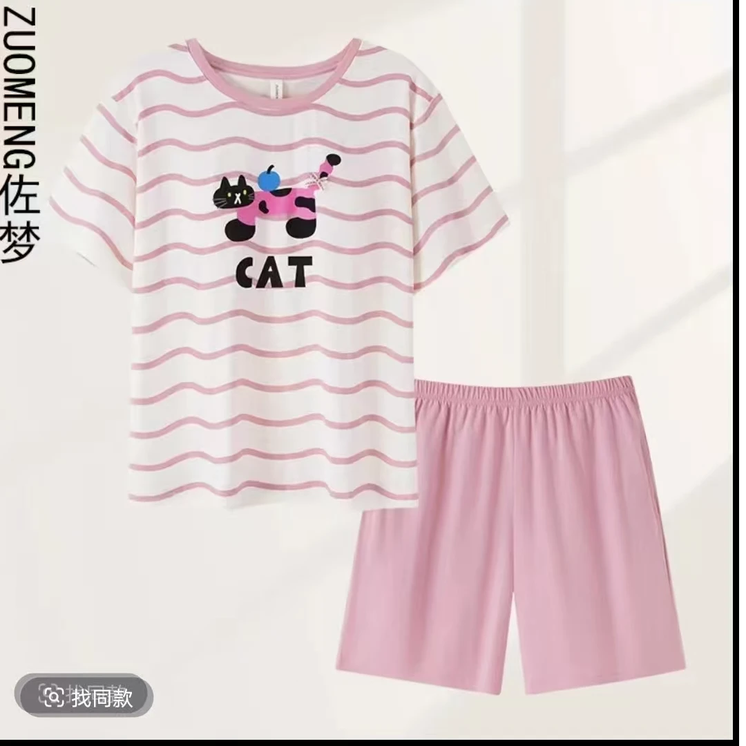 夏季睡衣带胸垫100纯棉粉条小猫短袖短裤舒适家居服套装2025新款