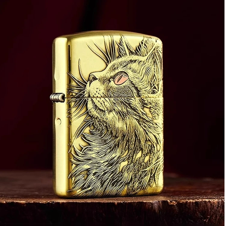 ZIPPO/之宝打火机黄铜盔甲仰望猫咪防风原装男士送礼DYJ1H1X1