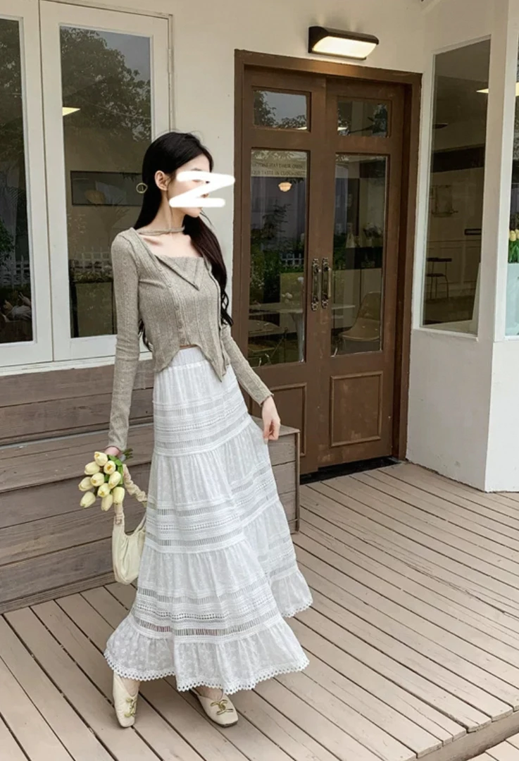 法式白色蕾丝蛋糕半身裙春夏季中长款镂空花边a字百褶裙66226