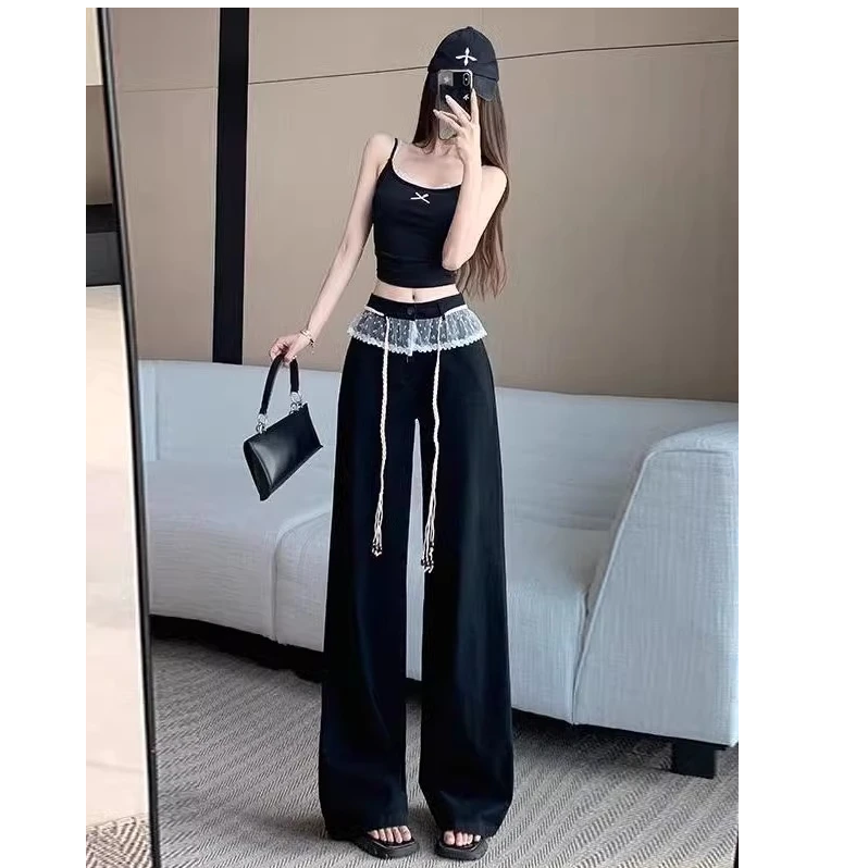 复古黑色蕾丝花边甜酷拼接高腰阔腿裤女宽松垂感休闲直筒裤夏季潮