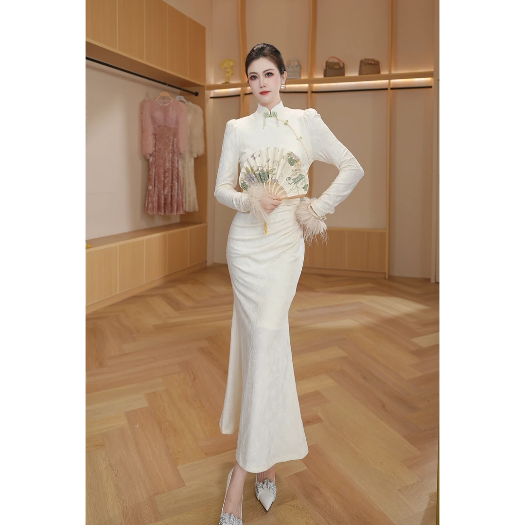 琼仪原创『清风白茶』秋季国风改良加绒旗袍优雅绝美连衣裙70215