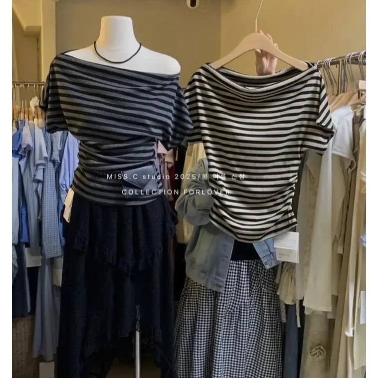 夏上新!韩版设计感减龄条纹休闲简约短袖上衣T恤露肩一字肩小衫