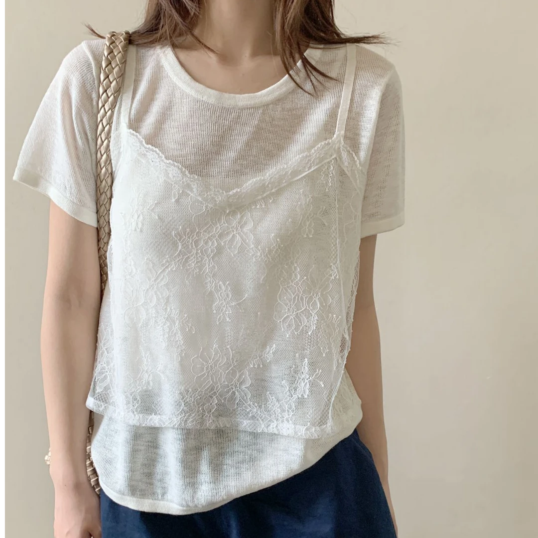 【素简.970122】夏季新款竹节麻蕾丝吊带两件套女装上新套头针织衫