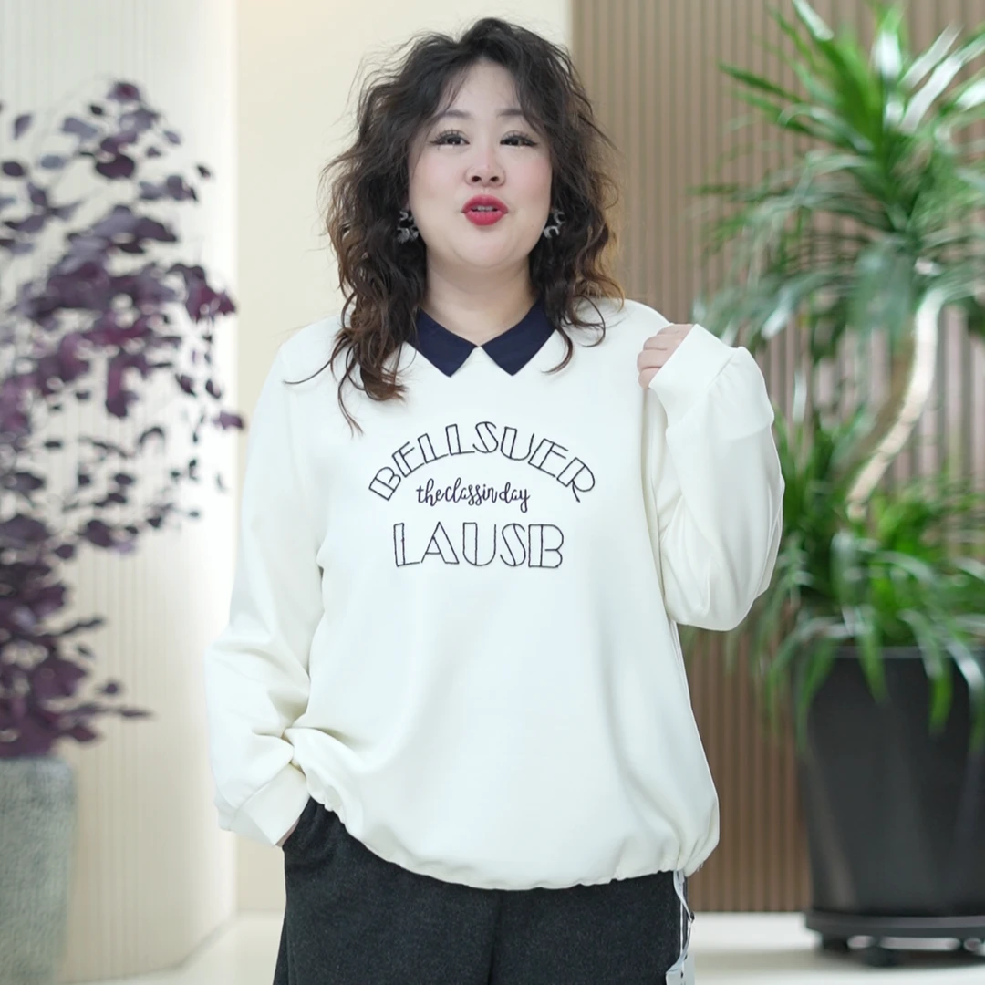 娃娃领撞色字母卫衣丝光米妮奥代尔中空刺绣大码美式春秋季上衣女