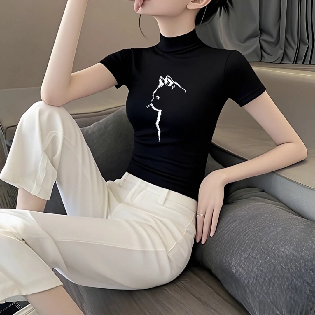 印花半高领短袖莫代尔t恤2025夏季新款修身洋气纯欲慵懒风女装