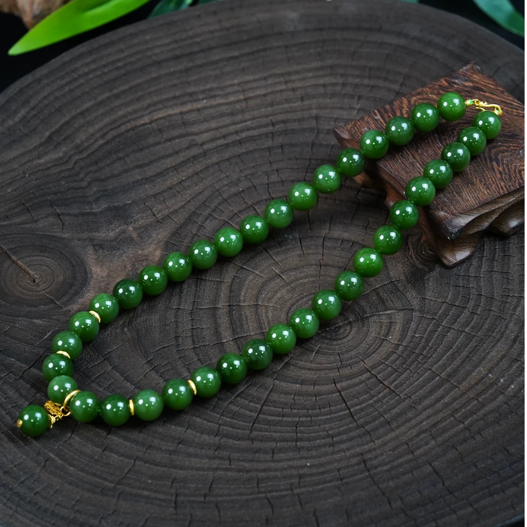 【石缘居珠宝】18K金镶嵌和田玉碧玉佩戴高端大气款圆珠项链C40-198