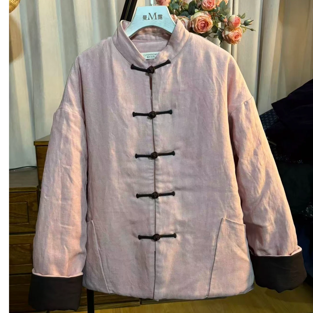 CUYIMINGWU/粗衣名物 中式国风复古亚麻落肩袖立领对襟盘扣棉服