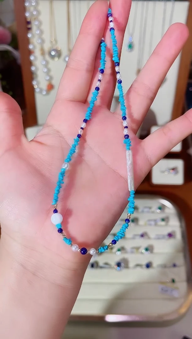 项链18K金镶嵌淡水珍珠珍珠美松青金石项链