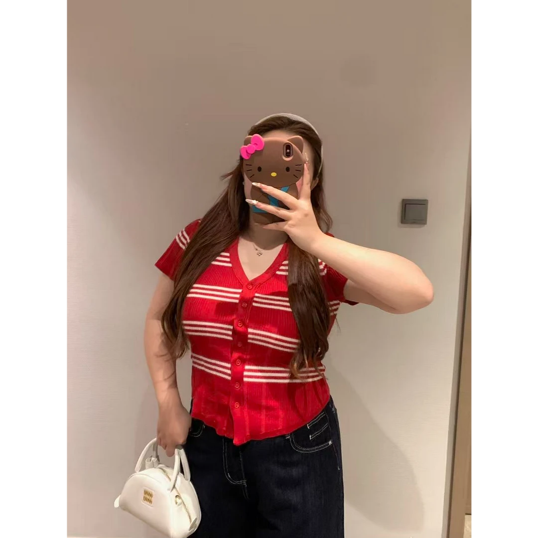 慧芝huizhi 21212条纹上衣 定制款 条纹收腰显瘦V领微胖针织上衣