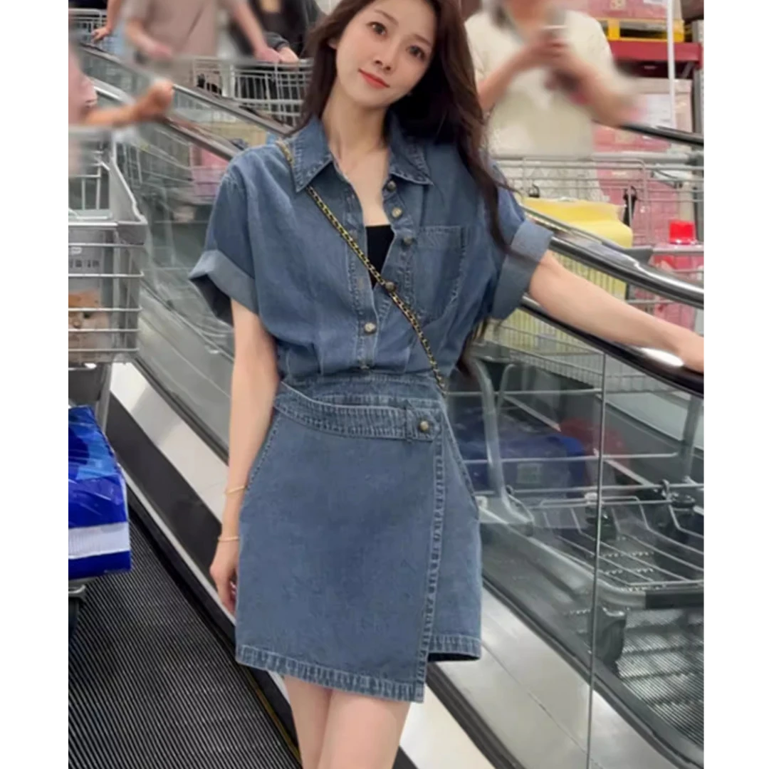 复古牛仔Polo领连衣裙女2025夏季新款设计感两件套短袖裙子