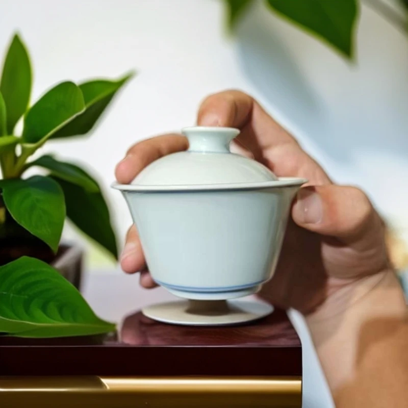 【墨舍名窑】望月怀古白胎二才盖碗 陶瓷纯手工中式小盖碗