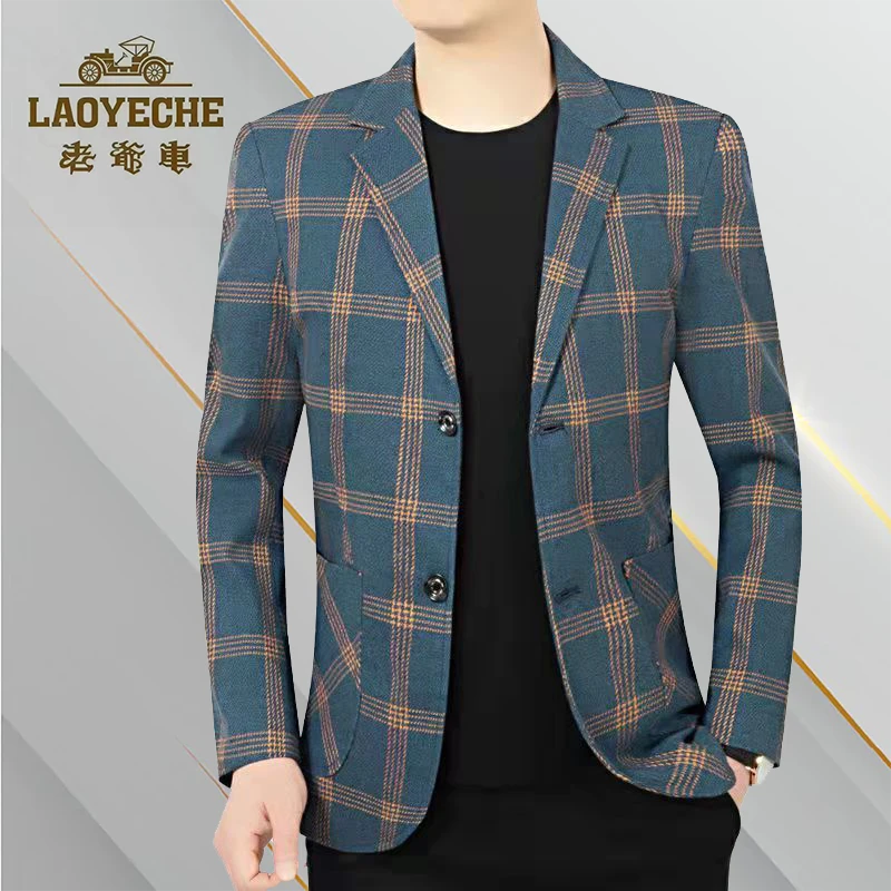 LAOYECHE/老爷车正品男士休闲西服上衣春秋新款格子洋气小西装男