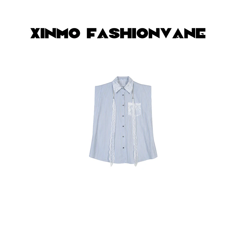 【XINMO】蕾丝无袖条纹翻领百搭夏季衬衫小众C06040507