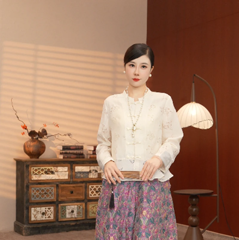 2570- 【蔷薇】新中式复古小立领夏季荷叶边下摆衬衫