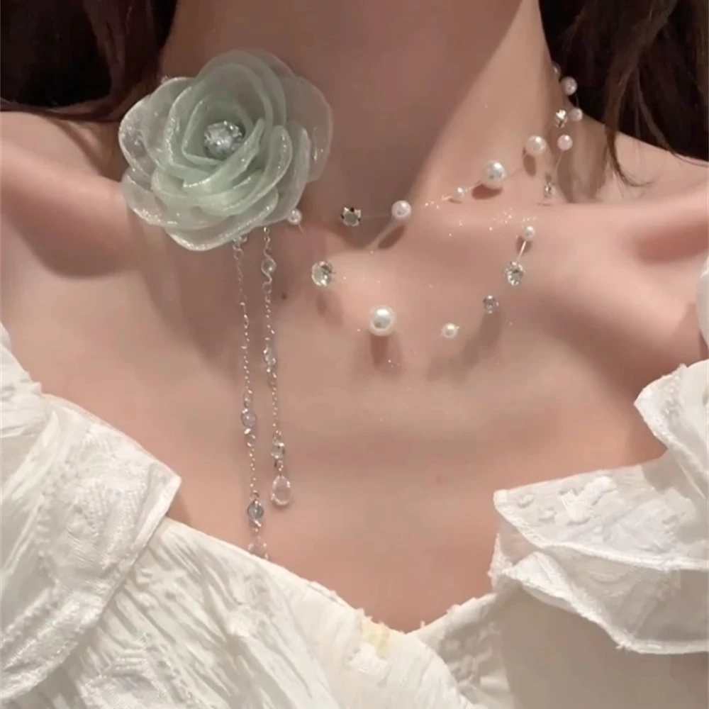 铜布艺项链  高级感薄荷绿花朵流苏项链女choker轻奢小众锁骨链夏