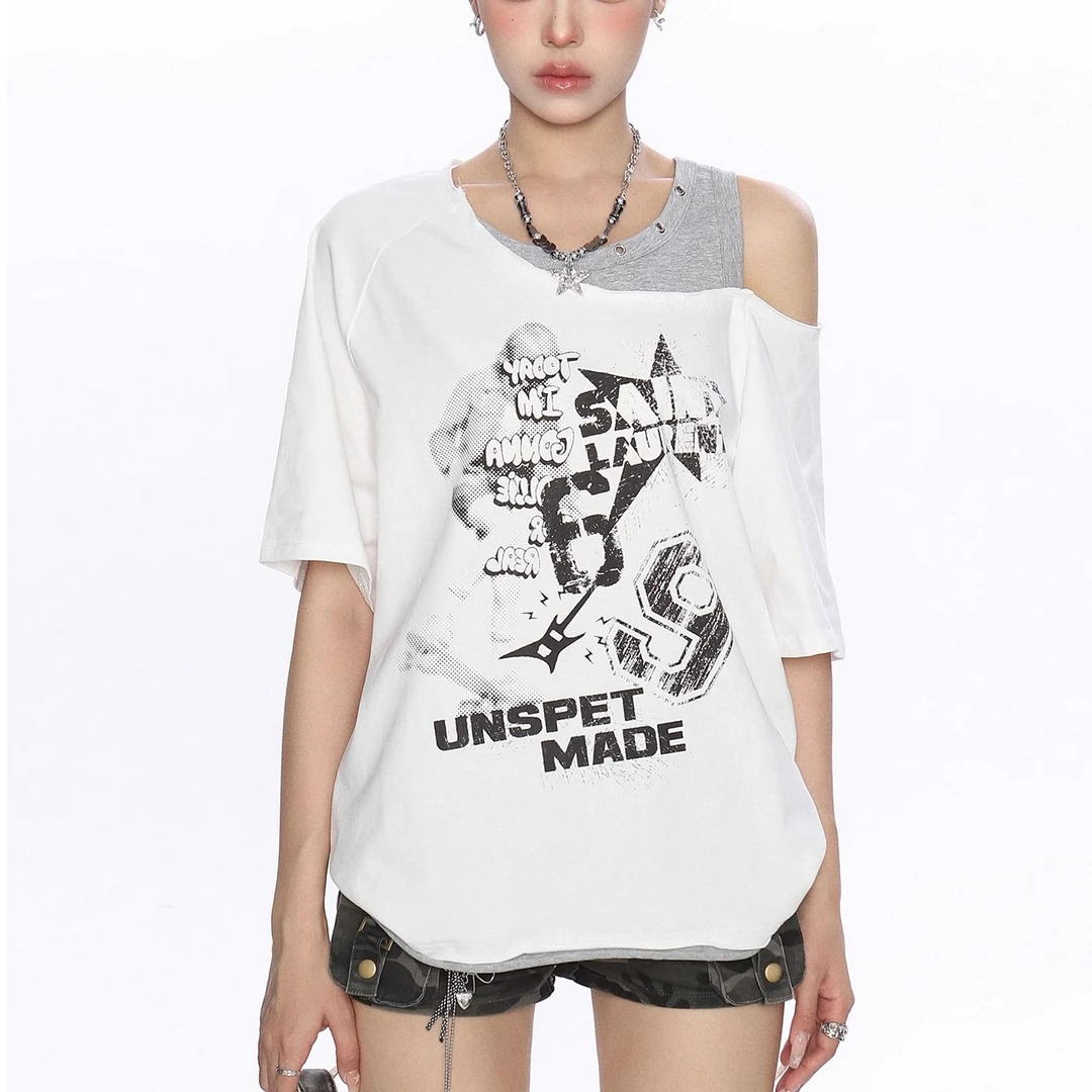 纯欲风辣妹涂鸦印花假两件露肩短袖T恤女夏季设计感宽松显瘦上衣