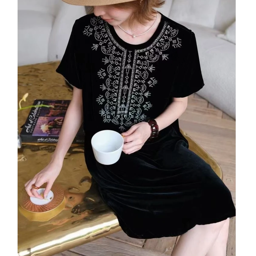 刺绣100%桑蚕丝真丝丝绒显瘦显高气质法式连衣裙