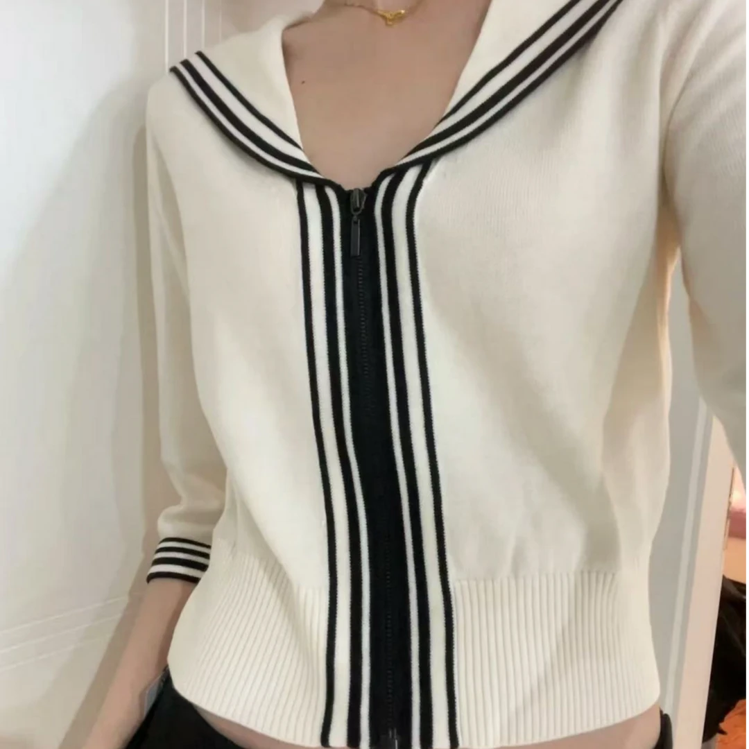 99新 Chanel/香奈儿 羊绒海军领条纹饰边针织衫38码