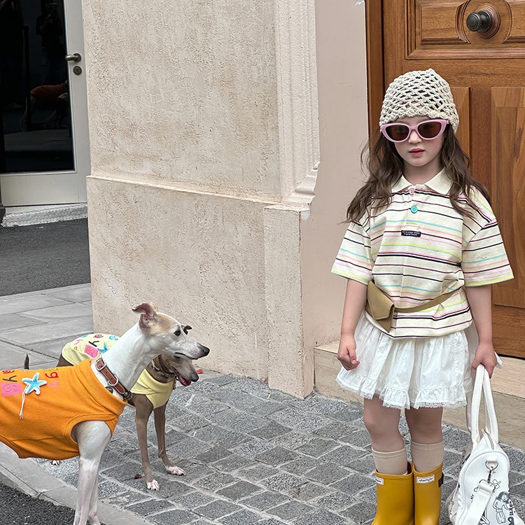 【现货】女童韩版T恤宽松短袖彩条撞色条纹翻领POLO衫25C064