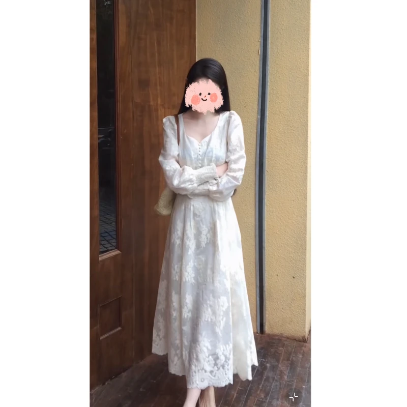 大码秋季新款法式温柔杏色高级感蕾丝长袖连衣裙气质显瘦仙女长裙